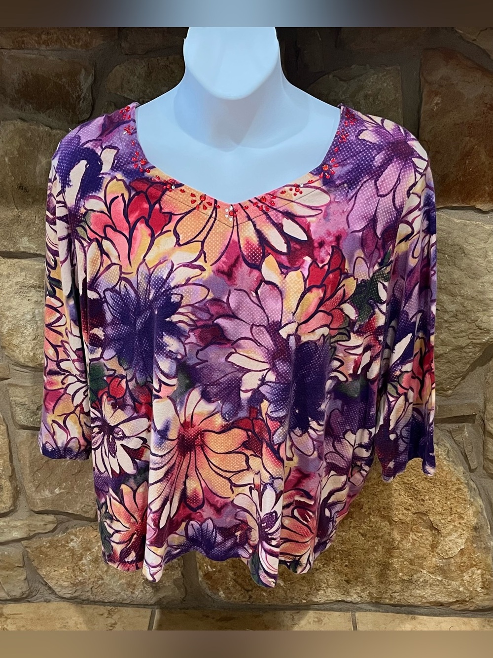 Alfred Dunner Woman Vibrant Floral Knit Shirt 3X Fall Hues Beaded Neck Details